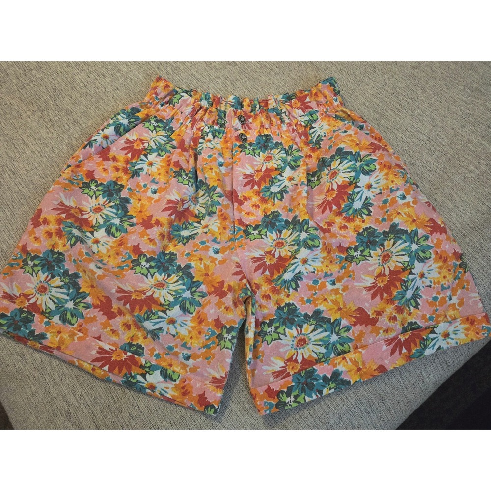 Vintage GET! Floral High Waisted Paperbag Shorts Pink Orange Cuffed Retro Large